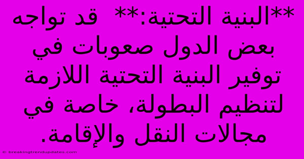 **البنية التحتية:**  قد تواجه بعض الدول صعوبات في توفير البنية التحتية اللازمة لتنظيم البطولة، خاصة في مجالات النقل والإقامة.